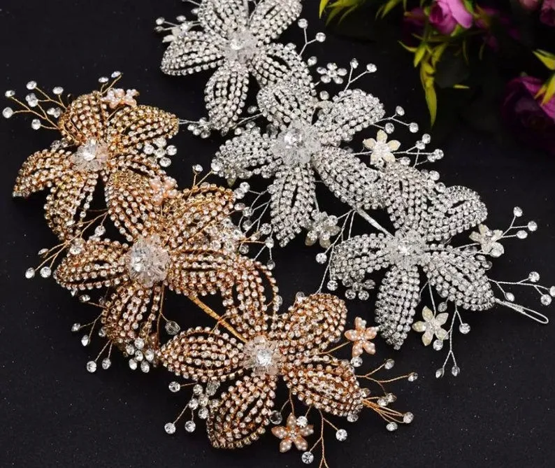 HP-0015 l Large Crystal Rhinestone Flower Brooch Brooches SILVER l GOLD l Bridal l Bridesmaids l Hair l Sale!