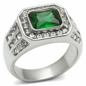 Jewellery Kingdom Mens Emerald Cubic Zirconia Signet Pinky Stainless Steel Bezel Ring (Silver Green)