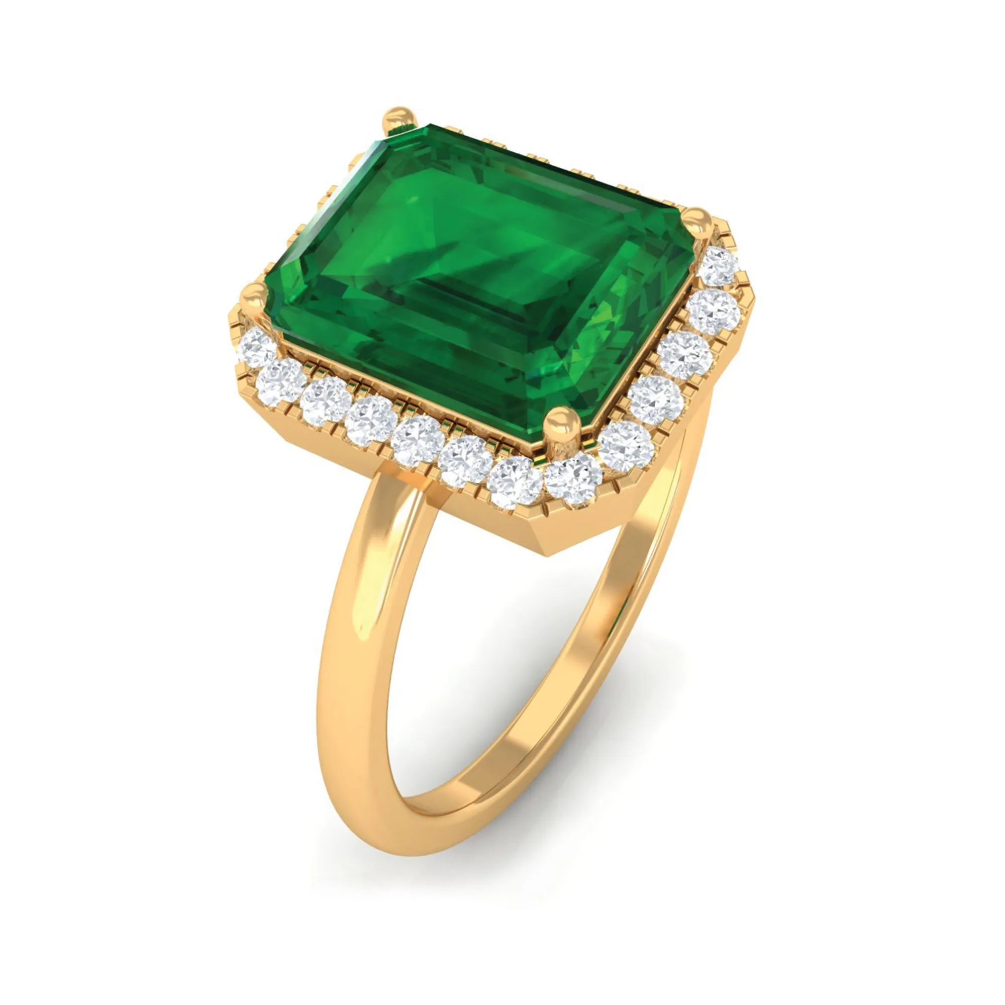 Lab Grown Emerald Octagon Statement Engagement Ring with Diamond Halo