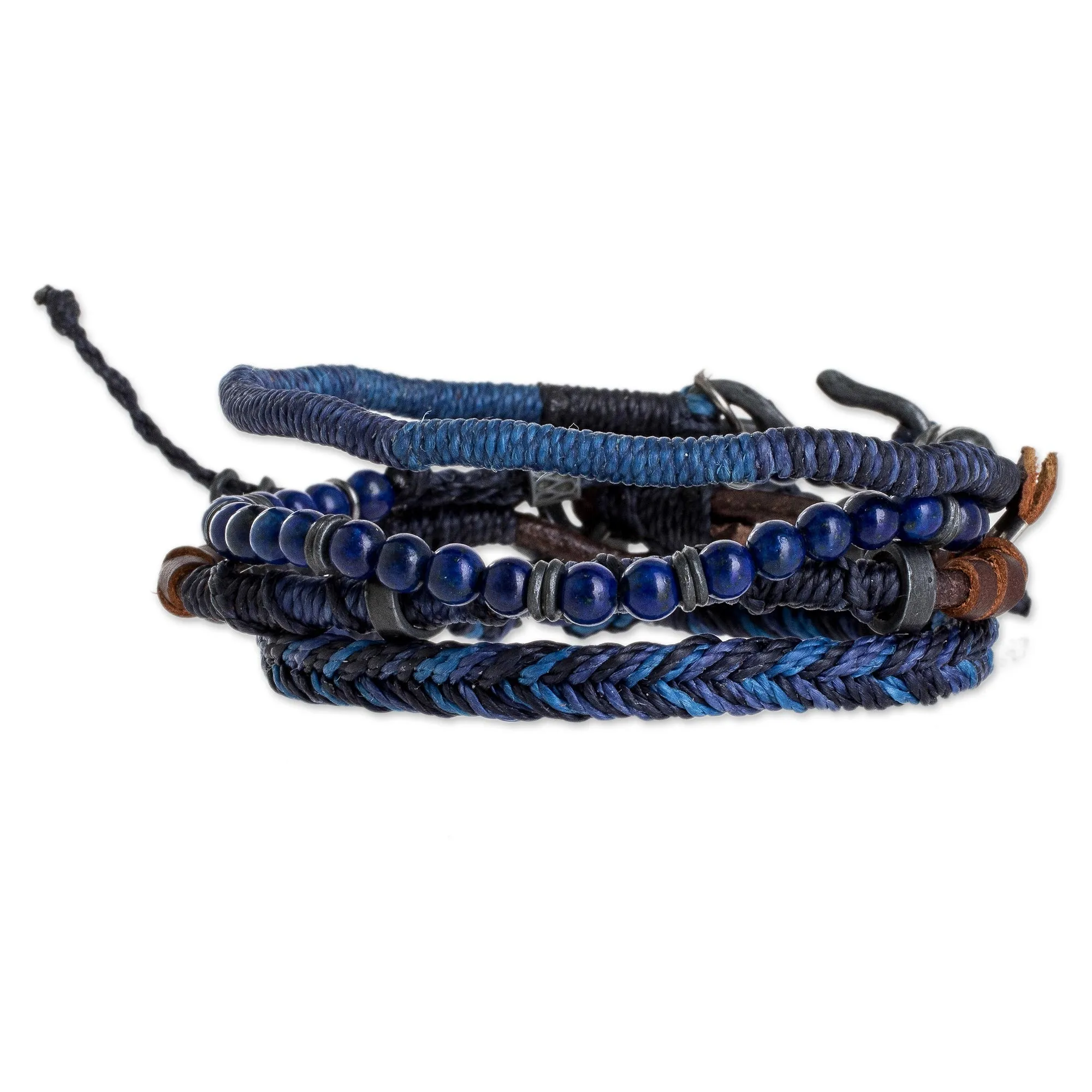 Lapis Lazuli and Leather Bracelets from Guatemala (Set of 4) - Boho Friends | NOVICA