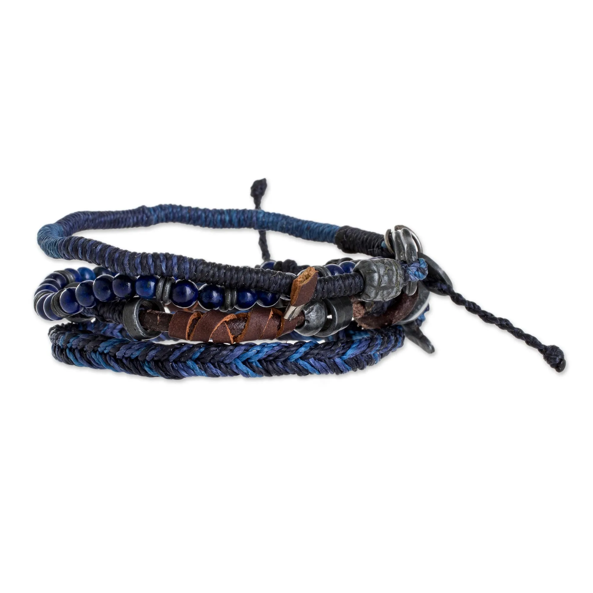 Lapis Lazuli and Leather Bracelets from Guatemala (Set of 4) - Boho Friends | NOVICA