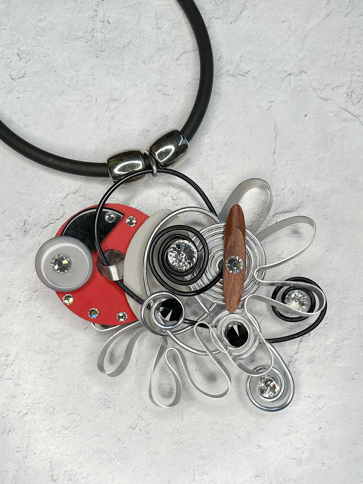 Large Mixed Media Pendant Necklace, Silver Multi