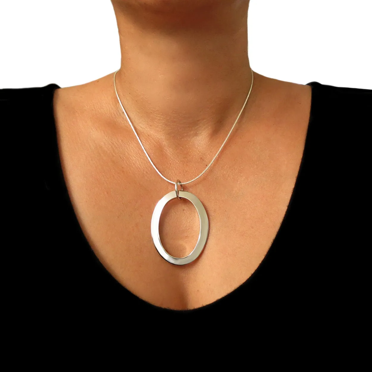 Large Sterling Silver Oval Pendant Necklace