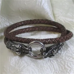 Man's Braided Brown Leather Bracelet with Alligator Clap