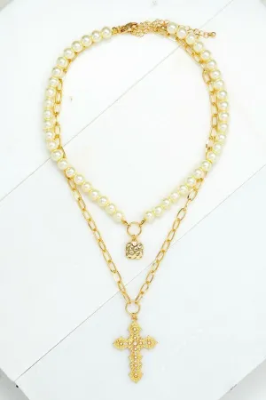 Maury Gold Two Strand with Pearl and Cross Pendant Necklace