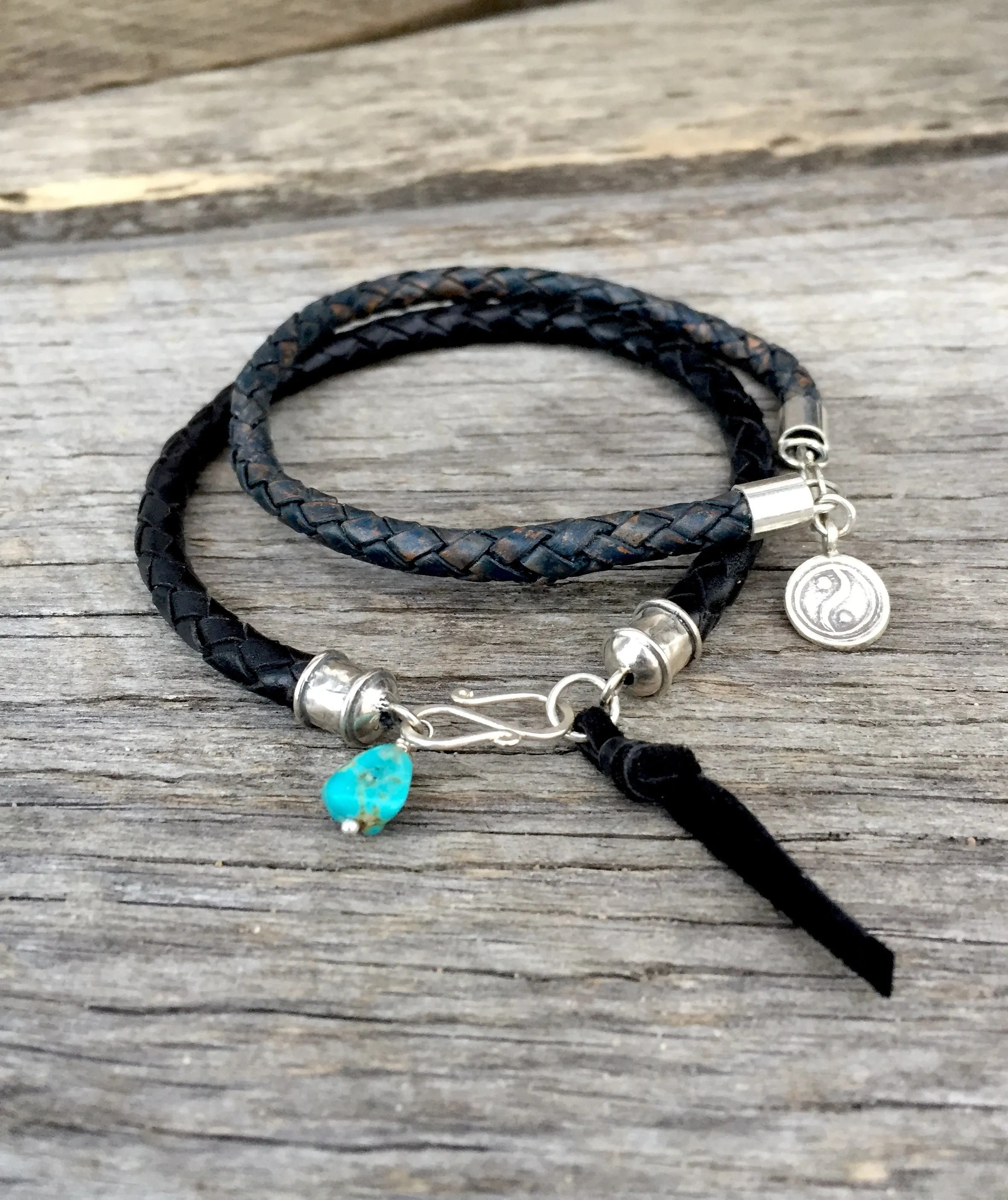 Men’s Black Bola Leather Bracelet with Turquoise