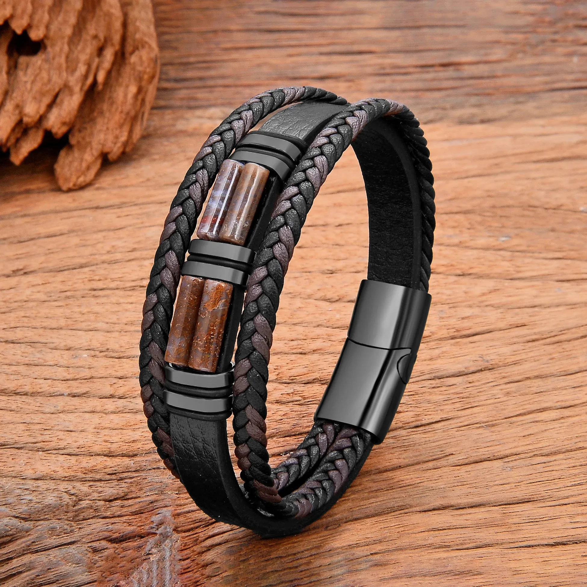 Men's Natural Stone Braided Leather Boho Bracelets