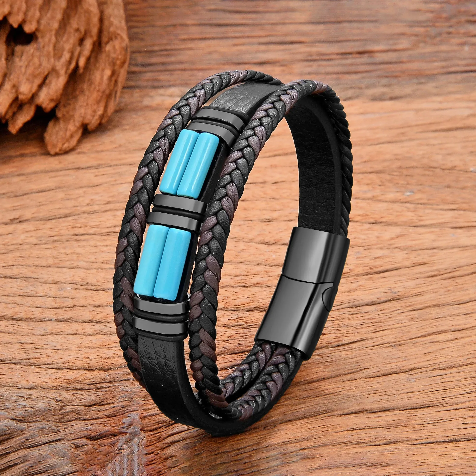 Men's Natural Stone Braided Leather Boho Bracelets