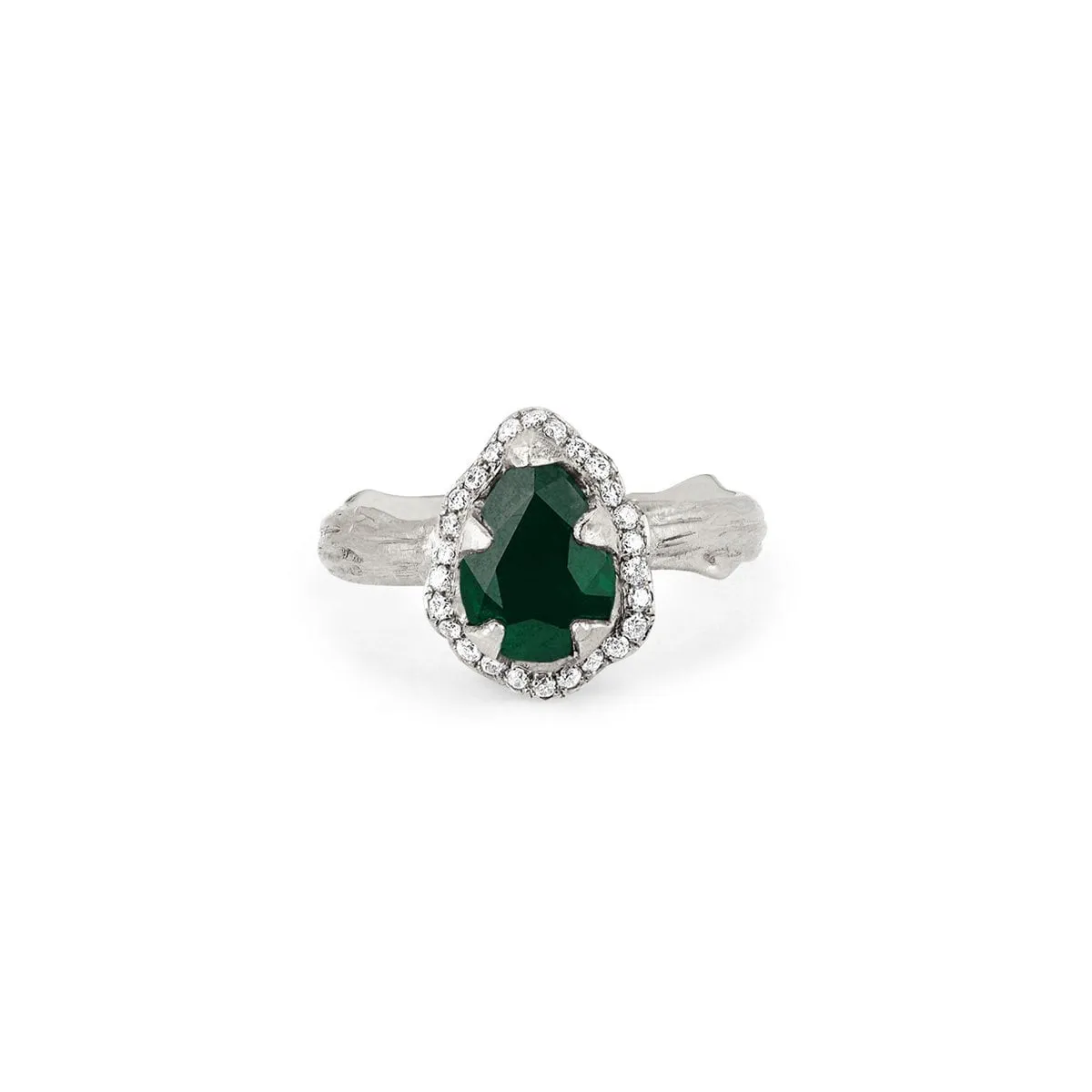 Micro Queen Water Drop Emerald Rose Thorn Ring with Pavé Diamond Halo