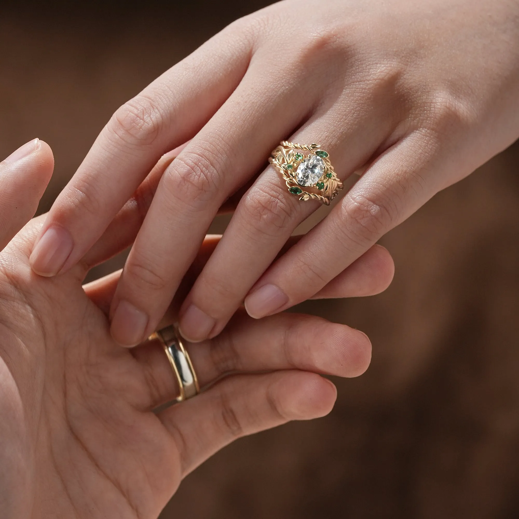 Moissanite and Emerald Couple’s Wedding Ring Set - Evergreen Promise