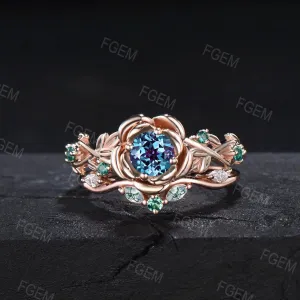 Nature Inspired Rose Flower Color-Change Alexandrite Emerald Engagement Ring Set Rose Gold Floral Leaf Moss Agate Emerald Ring Promise Gift