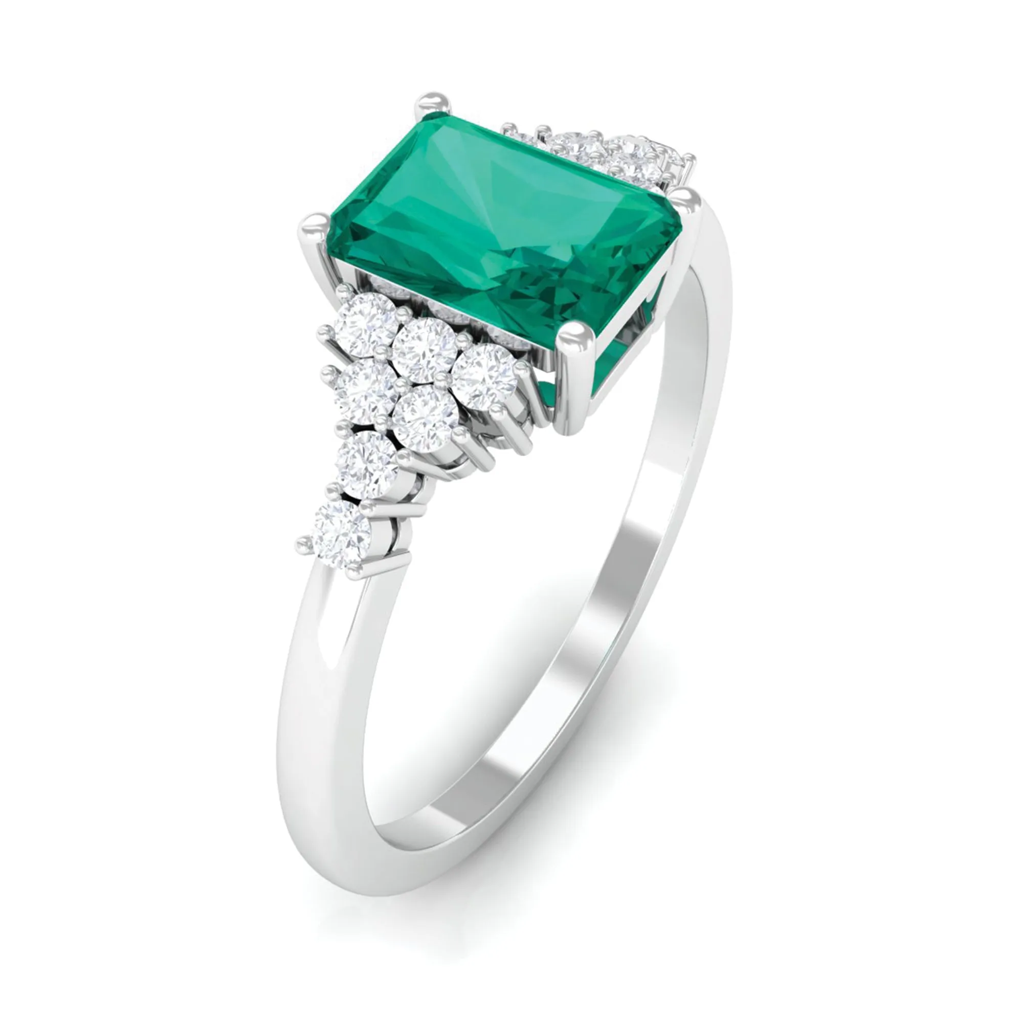 Octagon shape Emerald Solitaire Engagement Ring with Diamond