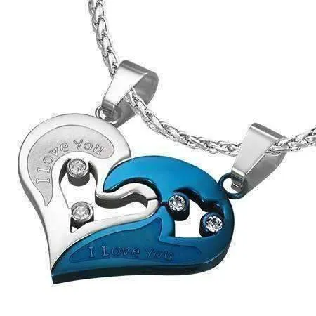 One for Me One For You "I Love You" Two Piece Puzzle Heart Pendant Necklace - Blue