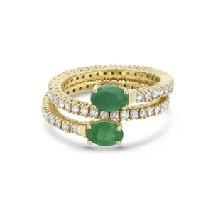 Oval Cut Emerald & Diamond Flexible Double Band Ring (1.56 ct.) 4-Prongs Setting in 14K Gold