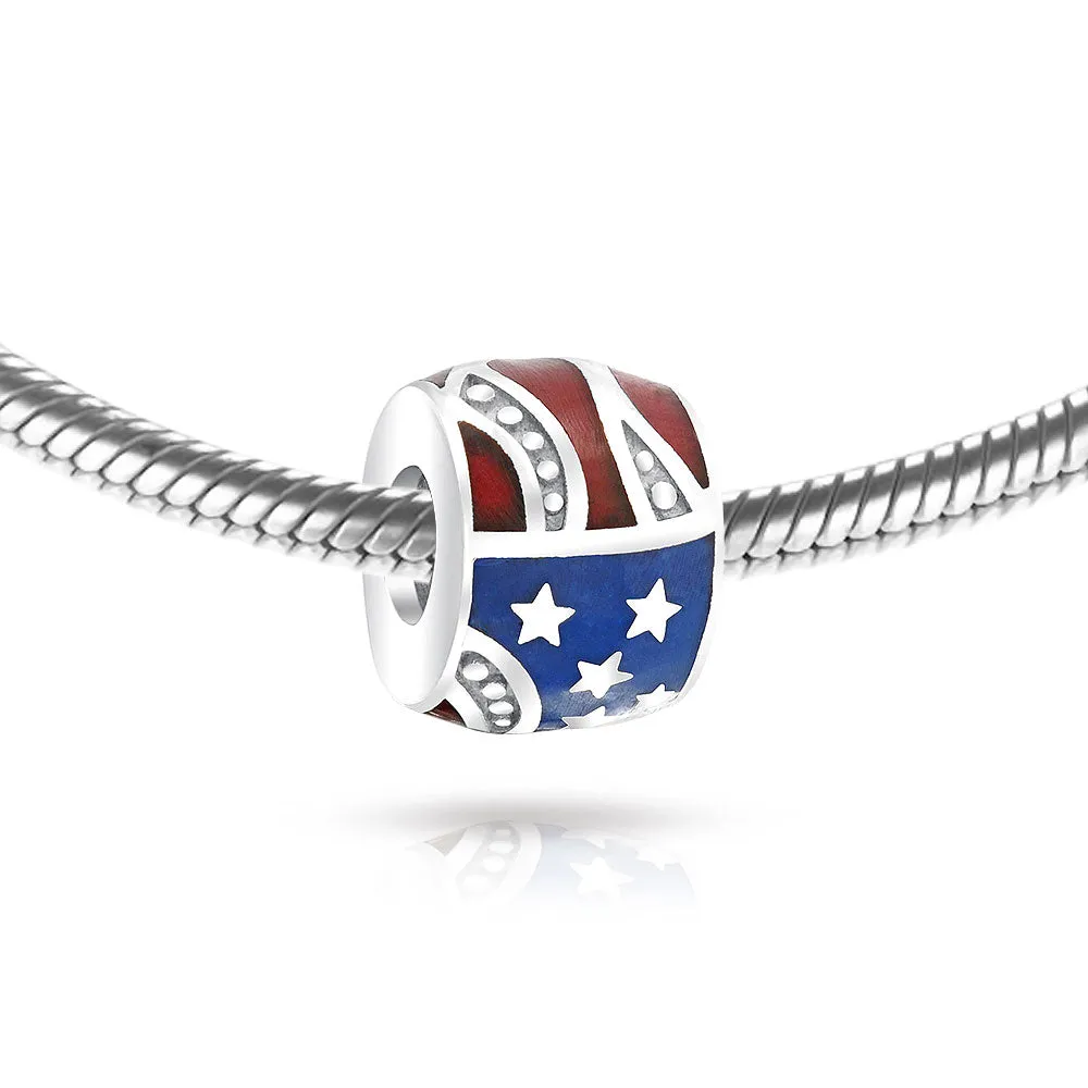 Patriotic USA Flag Star Charm Bead in Sterling Silver for European Bracelets