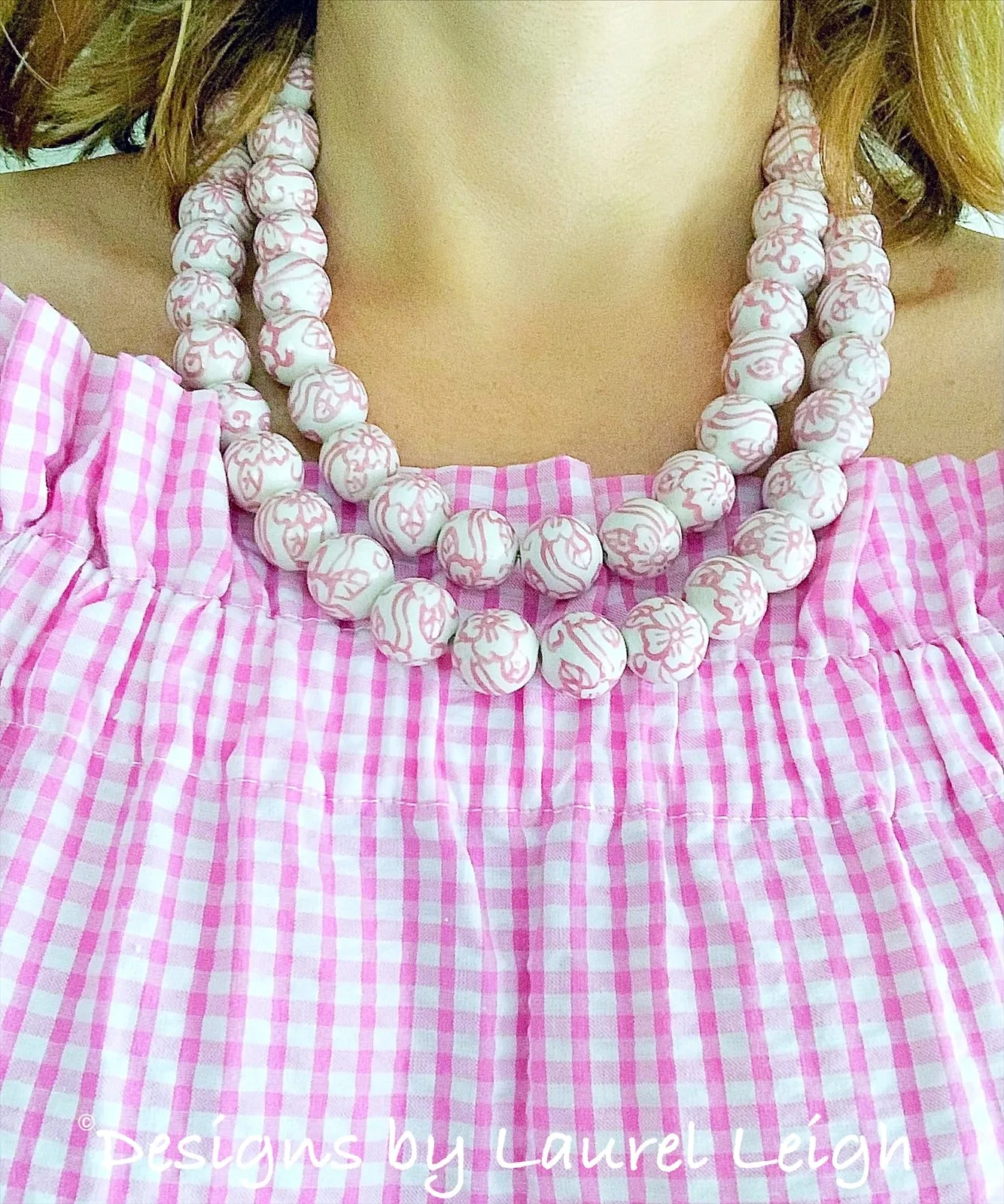 Pink & White Chinoiserie Double Strand Necklace