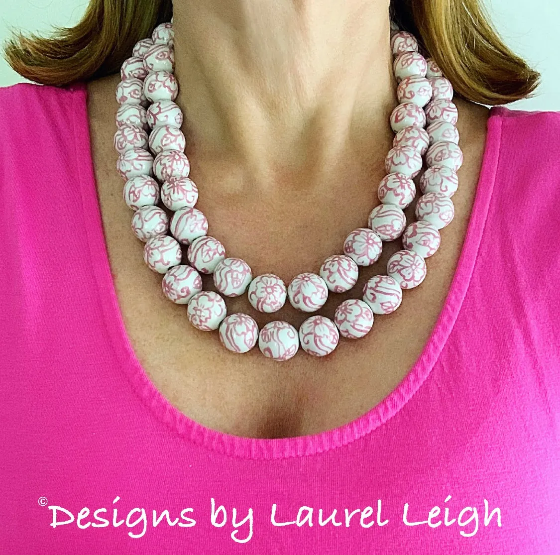 Pink & White Chinoiserie Double Strand Necklace