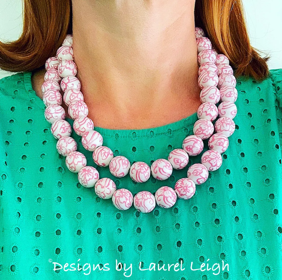 Pink & White Chinoiserie Double Strand Necklace