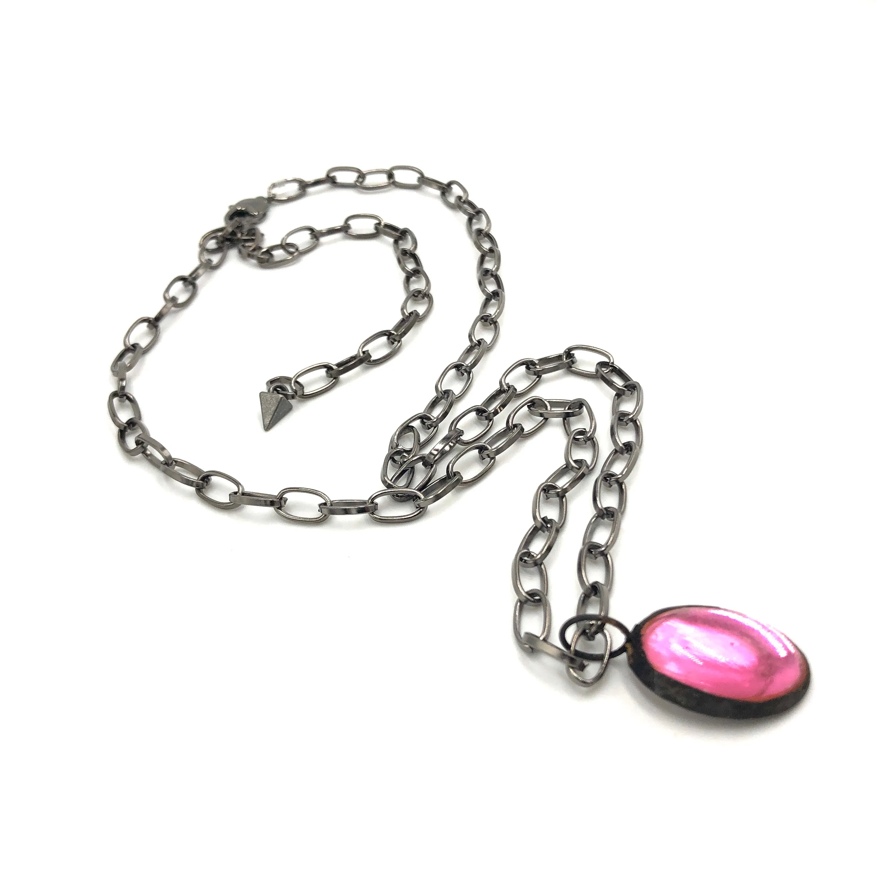 Pink Shine-On Patina'ed Oval Gun Metal Layering Necklace