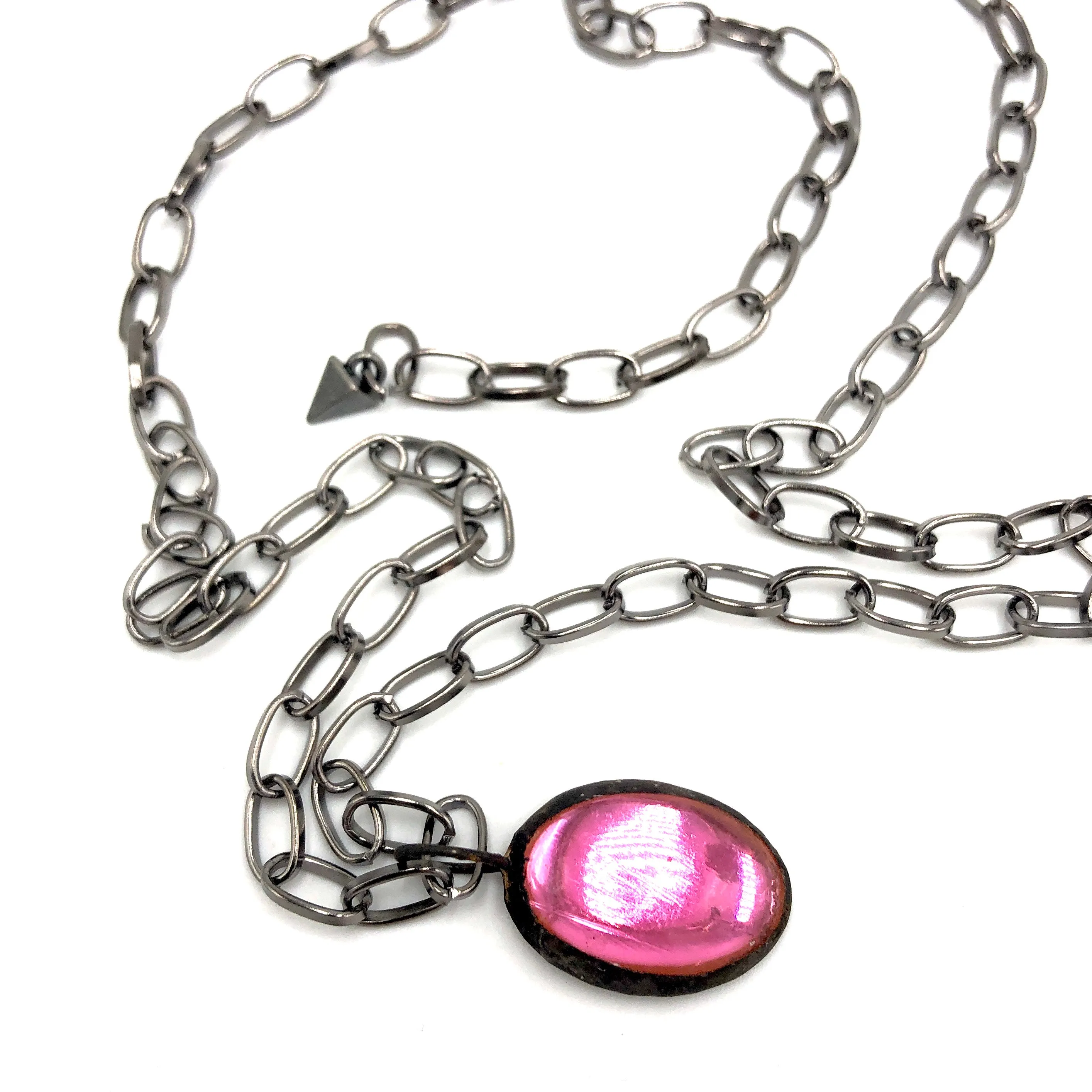 Pink Shine-On Patina'ed Oval Gun Metal Layering Necklace