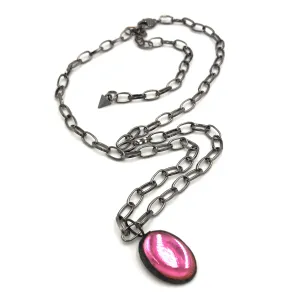 Pink Shine-On Patina'ed Oval Gun Metal Layering Necklace