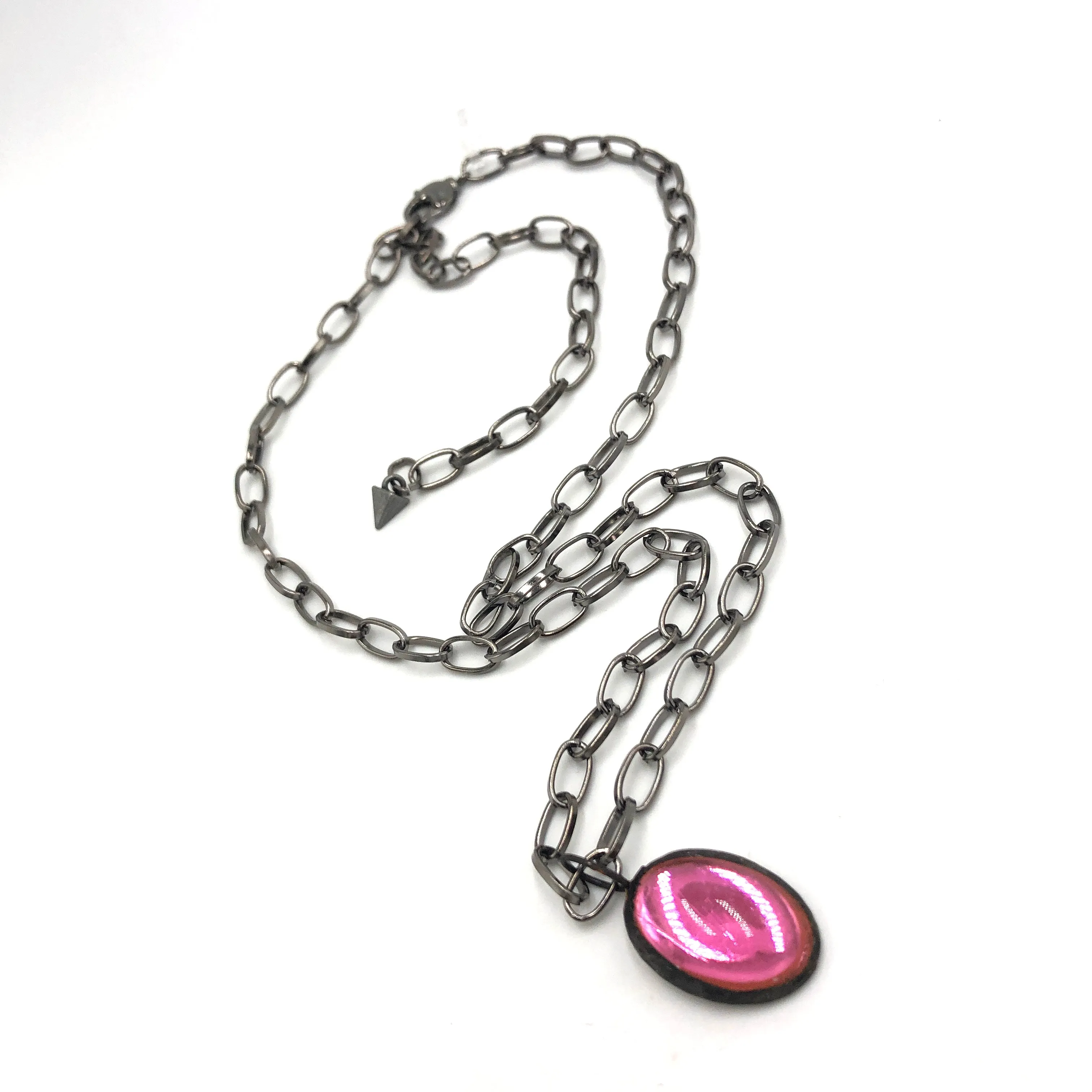 Pink Shine-On Patina'ed Oval Gun Metal Layering Necklace