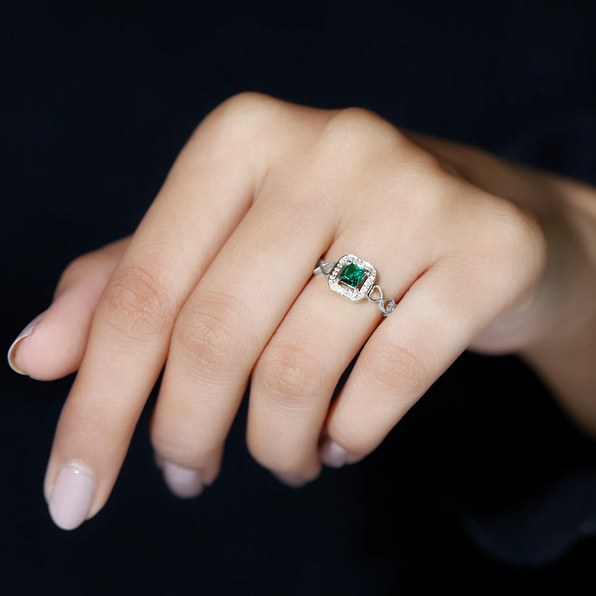 Princess Cut Lab Grown Emerald Infinity Heart Promise Ring with Diamond Halo