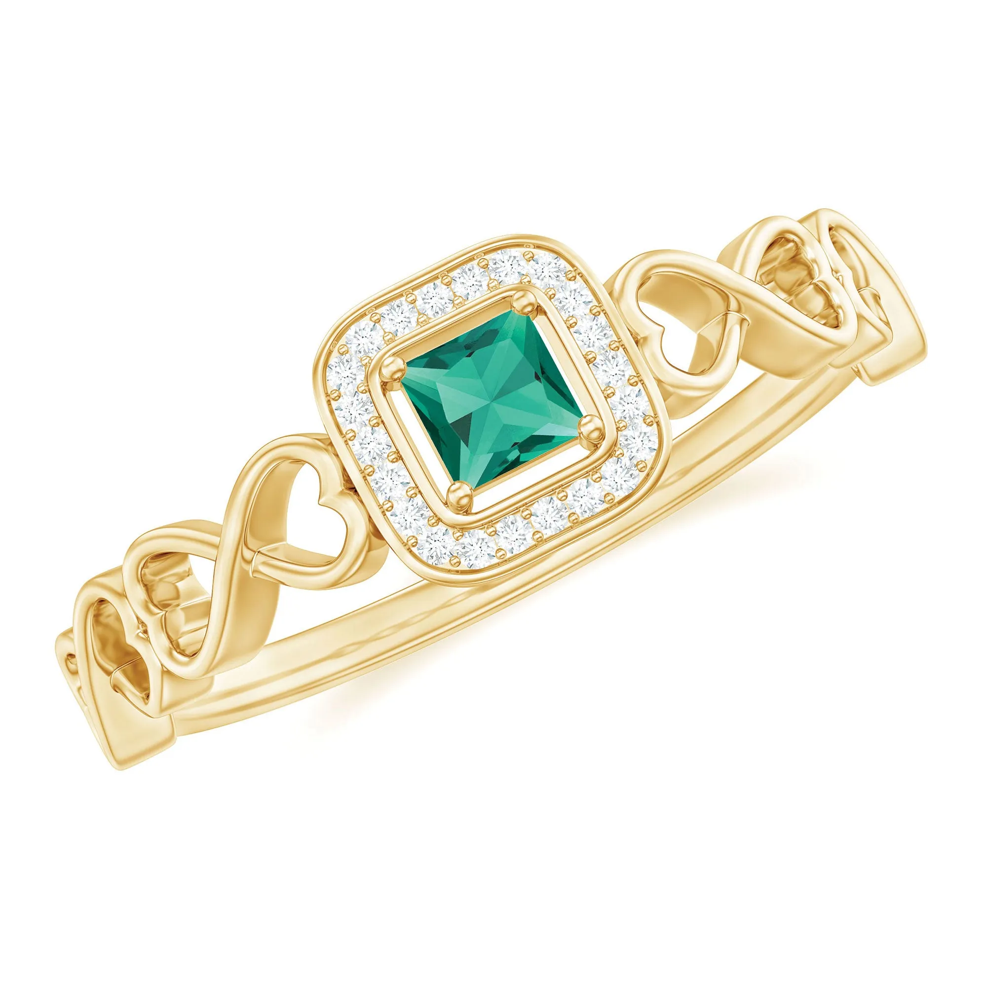 Princess Cut Lab Grown Emerald Infinity Heart Promise Ring with Diamond Halo