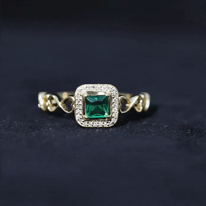 Princess Cut Lab Grown Emerald Infinity Heart Promise Ring with Diamond Halo