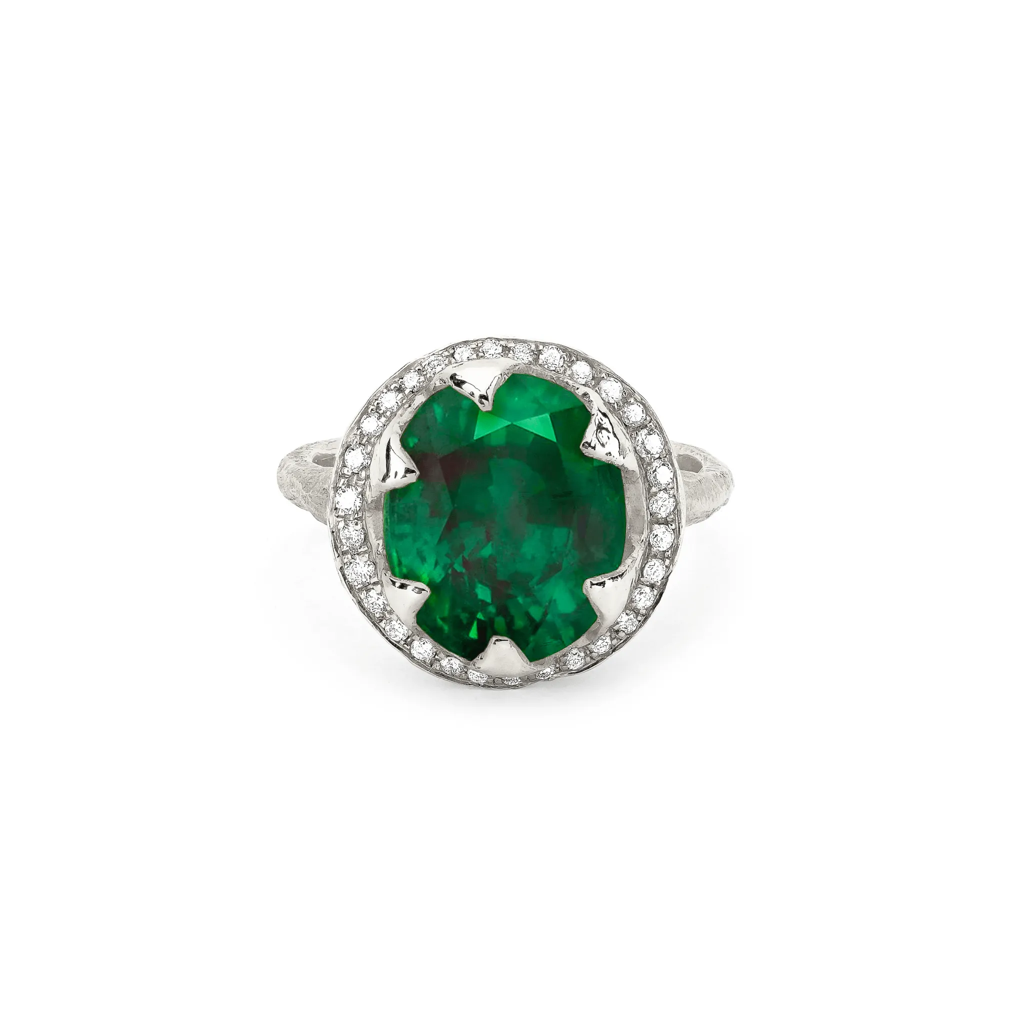 Queen Oval Zambian Emerald Ring with Full Pavé Diamond Halo