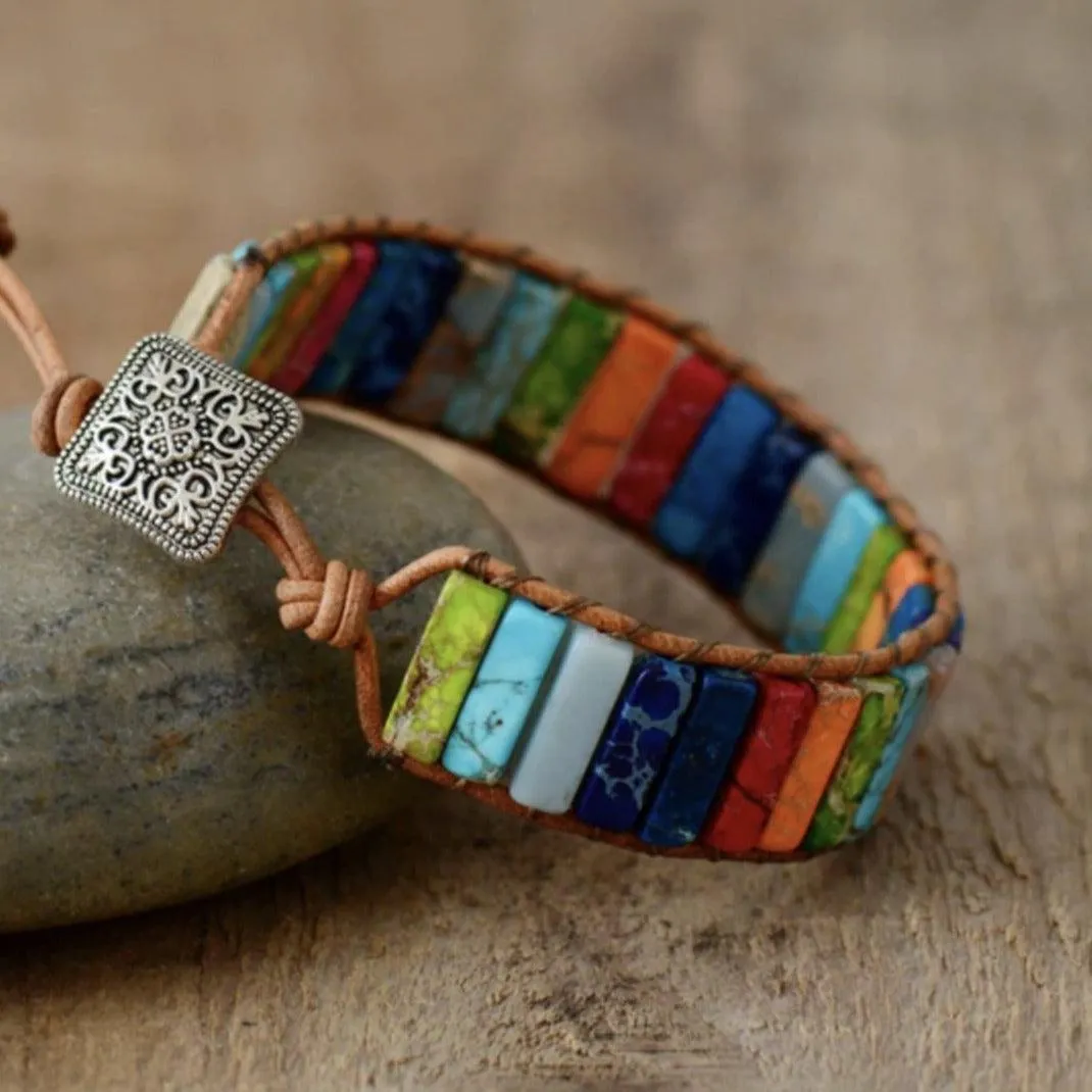 Rainbow Jasper Leather Cuff Bracelet