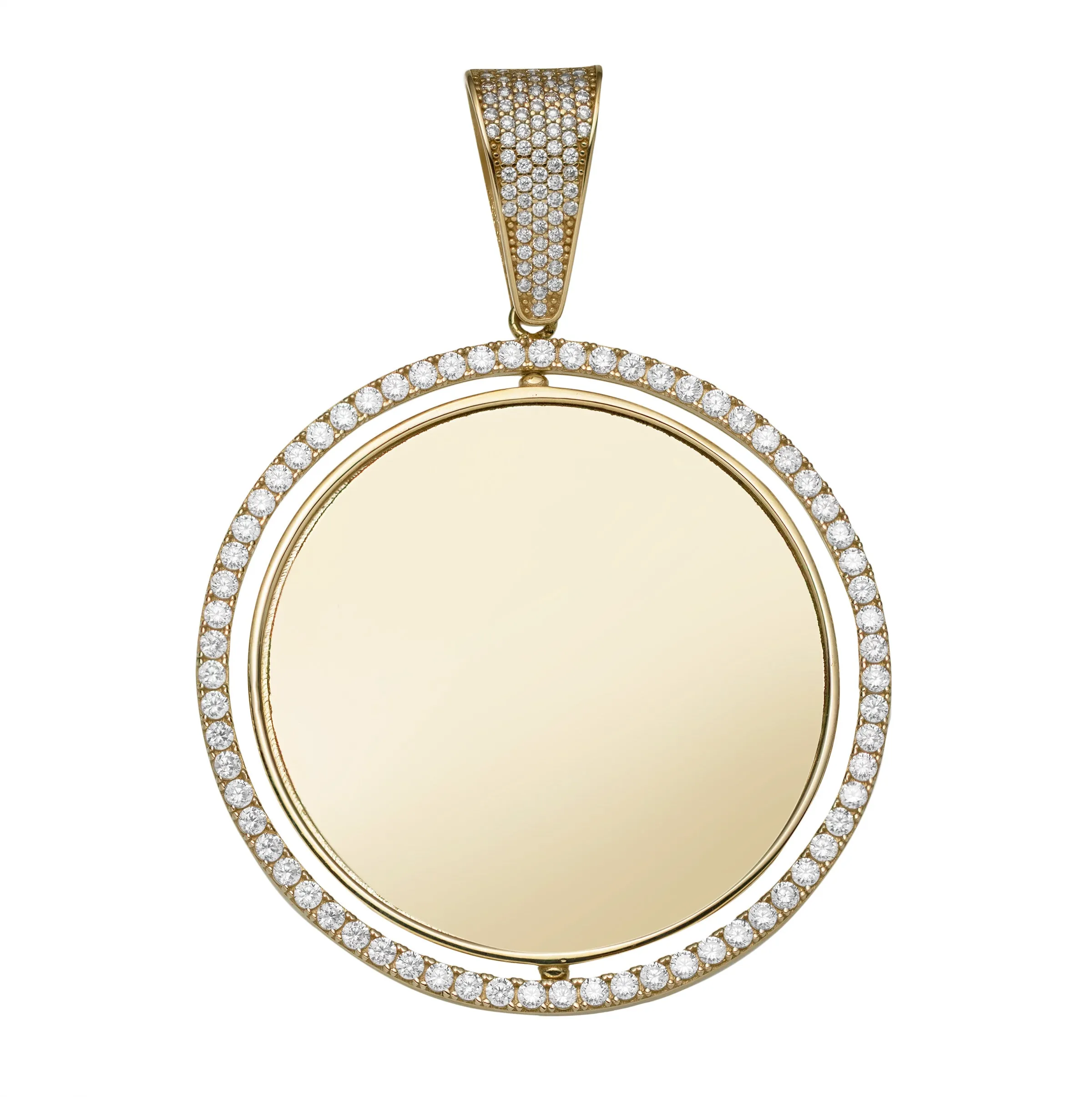 Reversible CZ Frame Picture Memory Medallion Pendant Solid 10K Yellow Gold