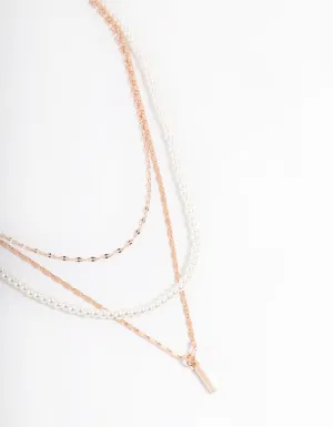 Rose Gold Pearly Mixed Triple Row Chain Necklace