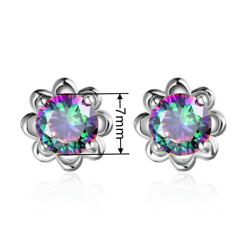 Round Cut Mystic CZ Topaz Gemstone Sterling Silver Stud Earrings