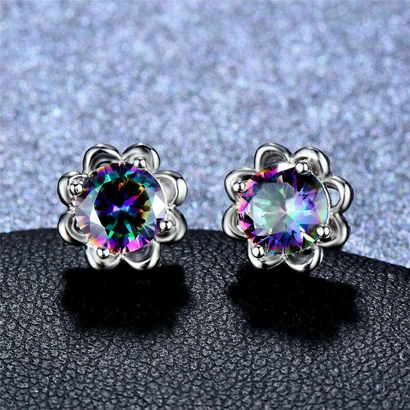 Round Cut Mystic CZ Topaz Gemstone Sterling Silver Stud Earrings