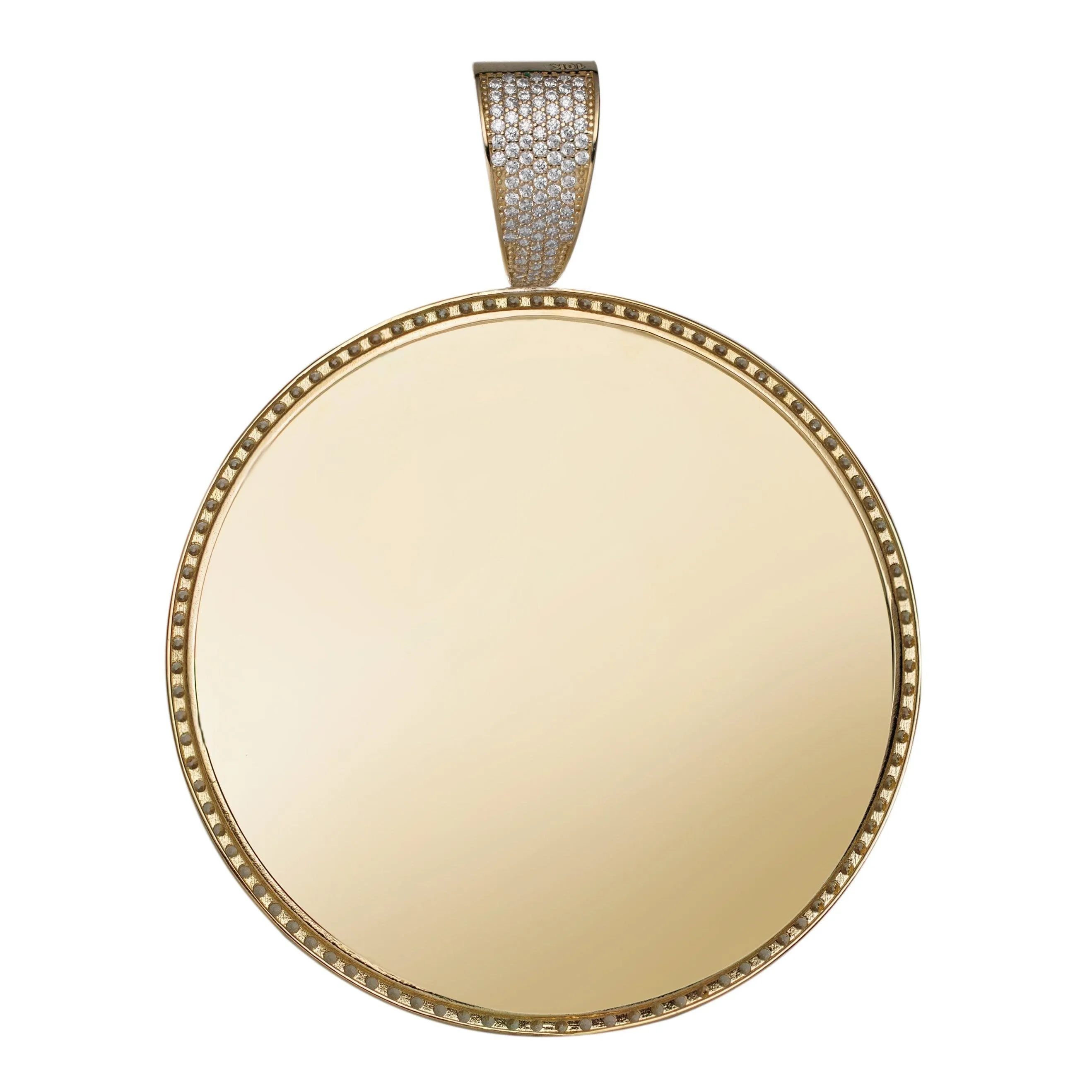 Round Medallion Picture Frame Memory CZ Charm Pendant Solid 14K Yellow Gold