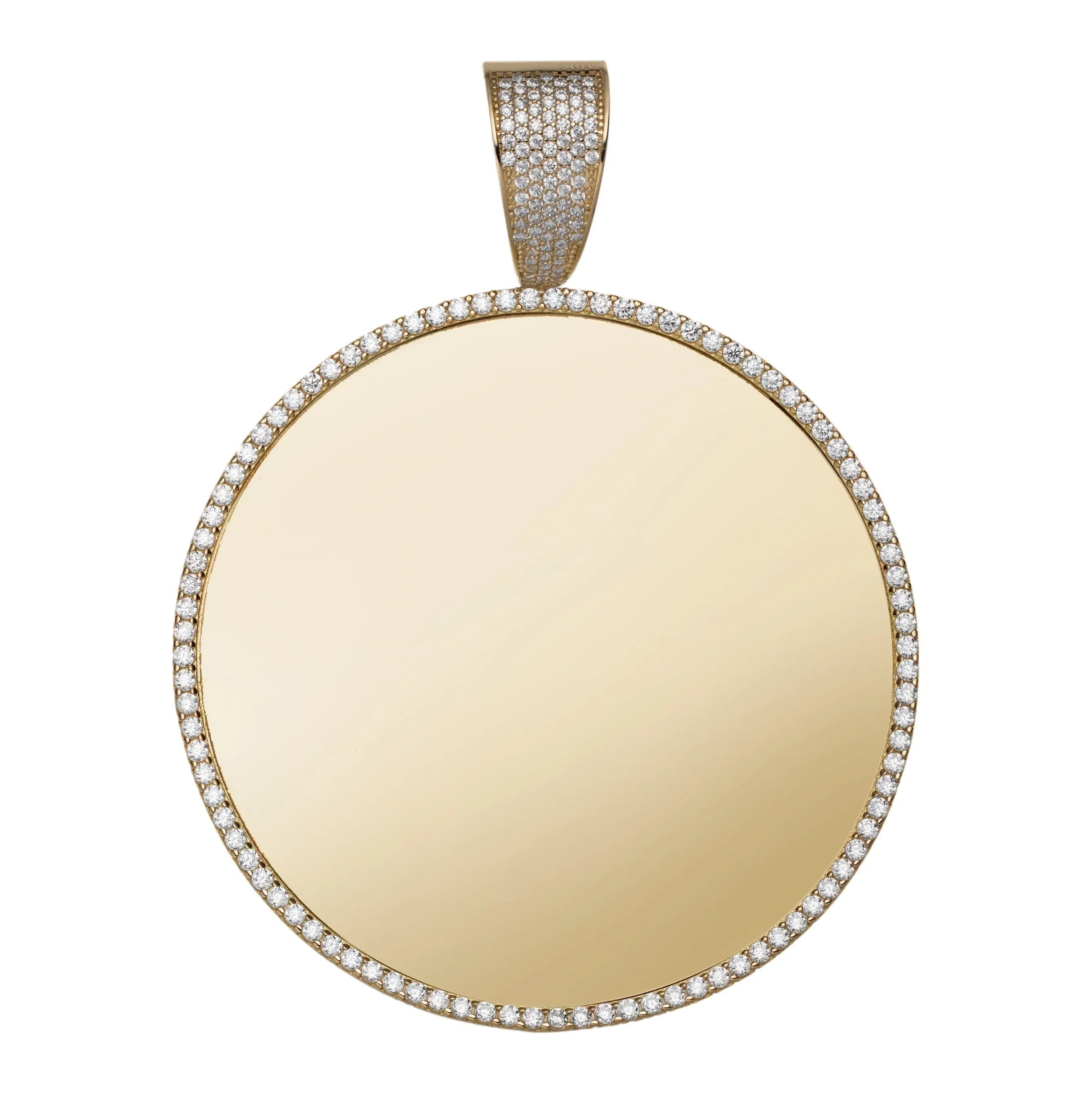 Round Medallion Picture Frame Memory CZ Charm Pendant Solid 14K Yellow Gold