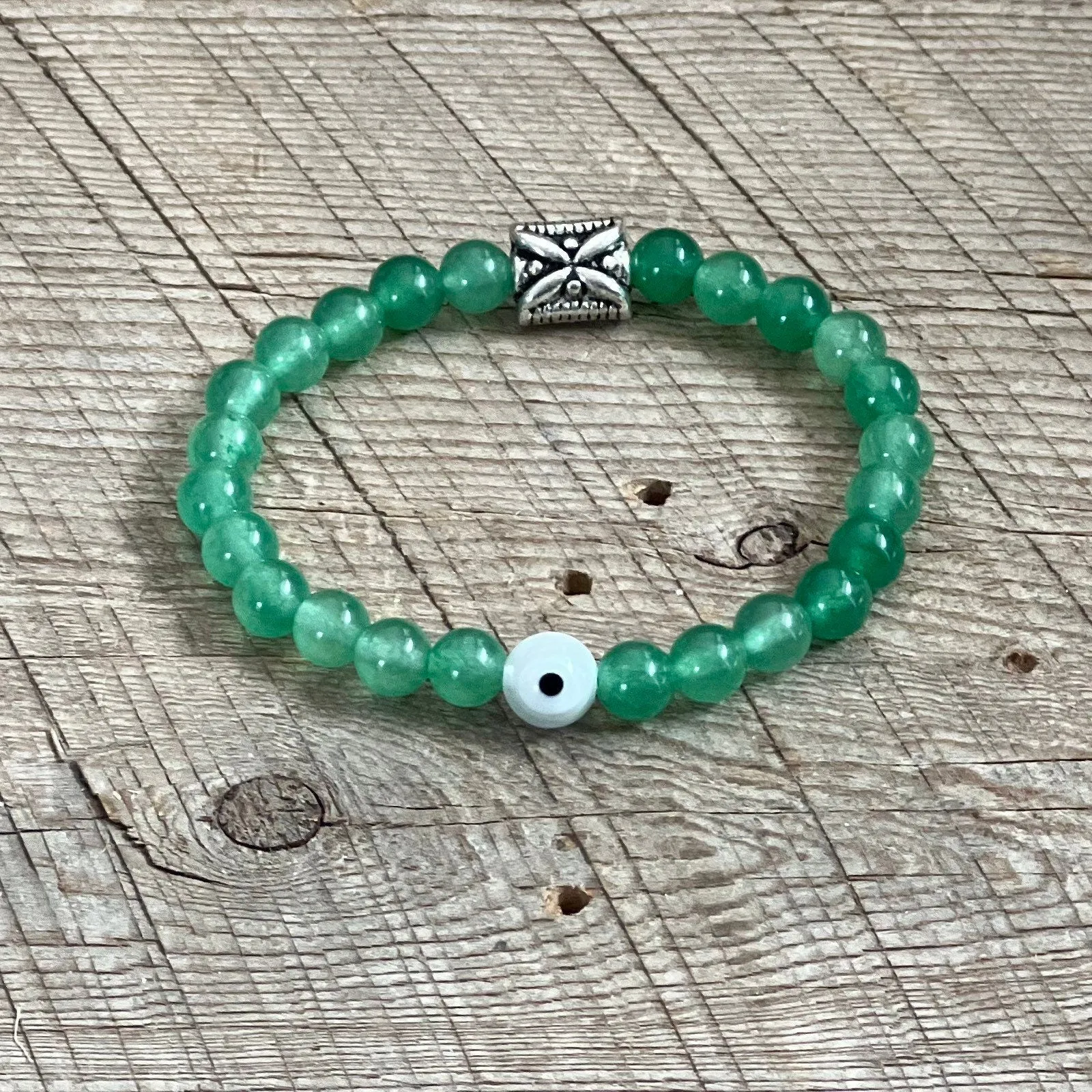 SariBlue® Green Aventurine Bracelet with Clear Evil Eye & Boho Flower Bead