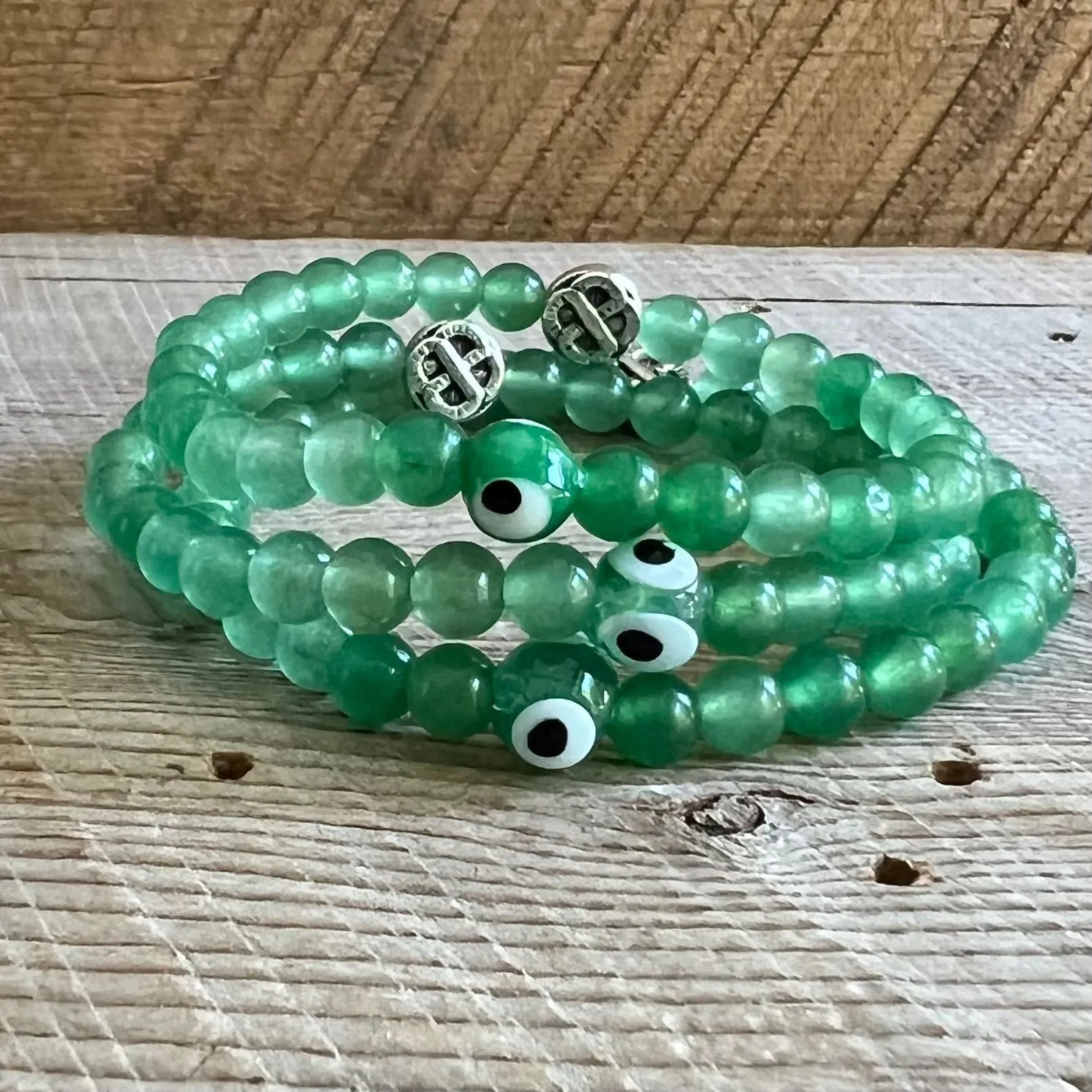 SariBlue®️ Green Aventurine with Green Evil Eye and Celtic Knot Bead Bracelet