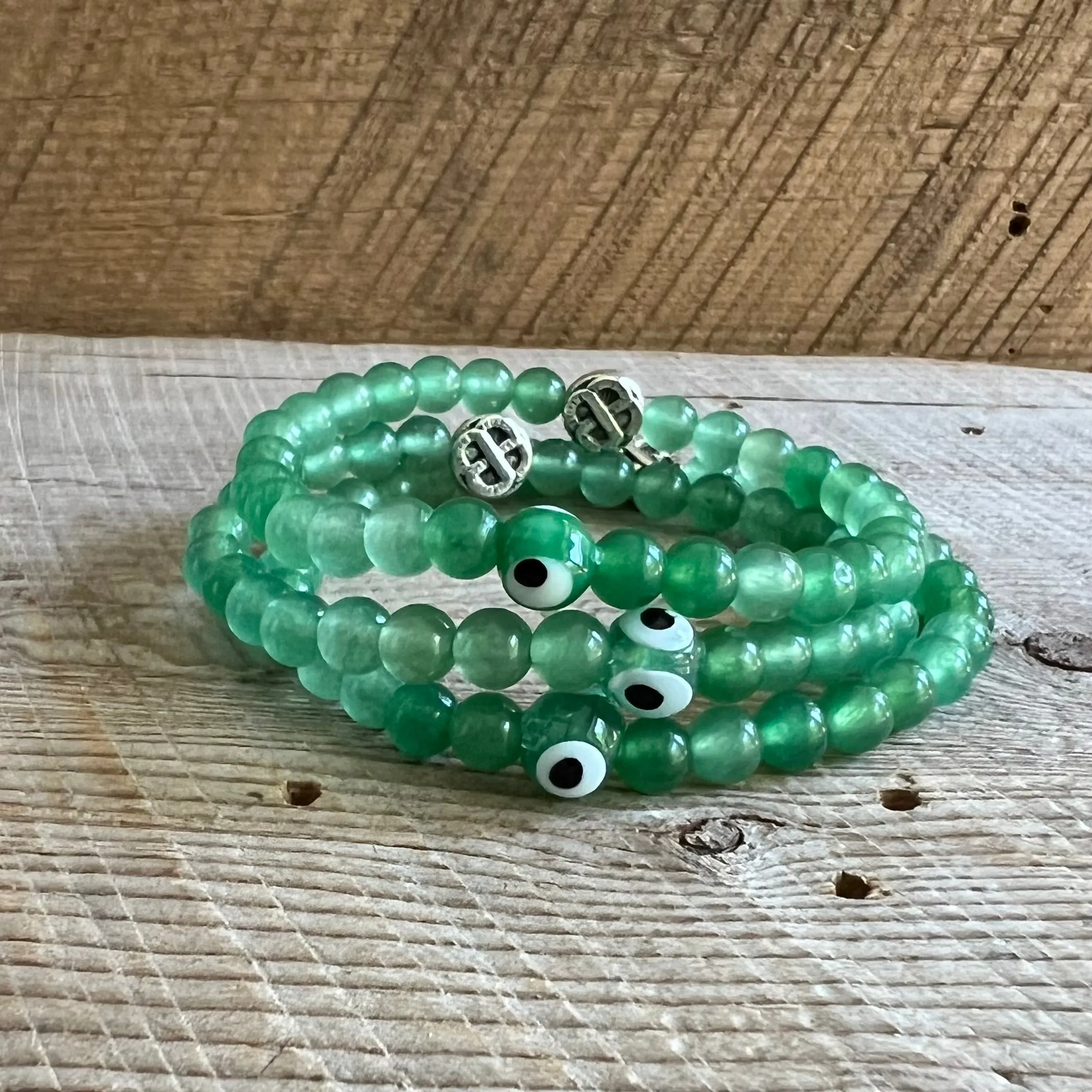 SariBlue®️ Green Aventurine with Green Evil Eye and Celtic Knot Bead Bracelet