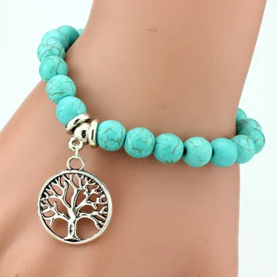 SHEEGIOR Boho Vintage Turquoises Charms Bracelet Men Lovely Tree Snake Owl Pendants Bracelets Bangles for Women Bracelet Jewelry