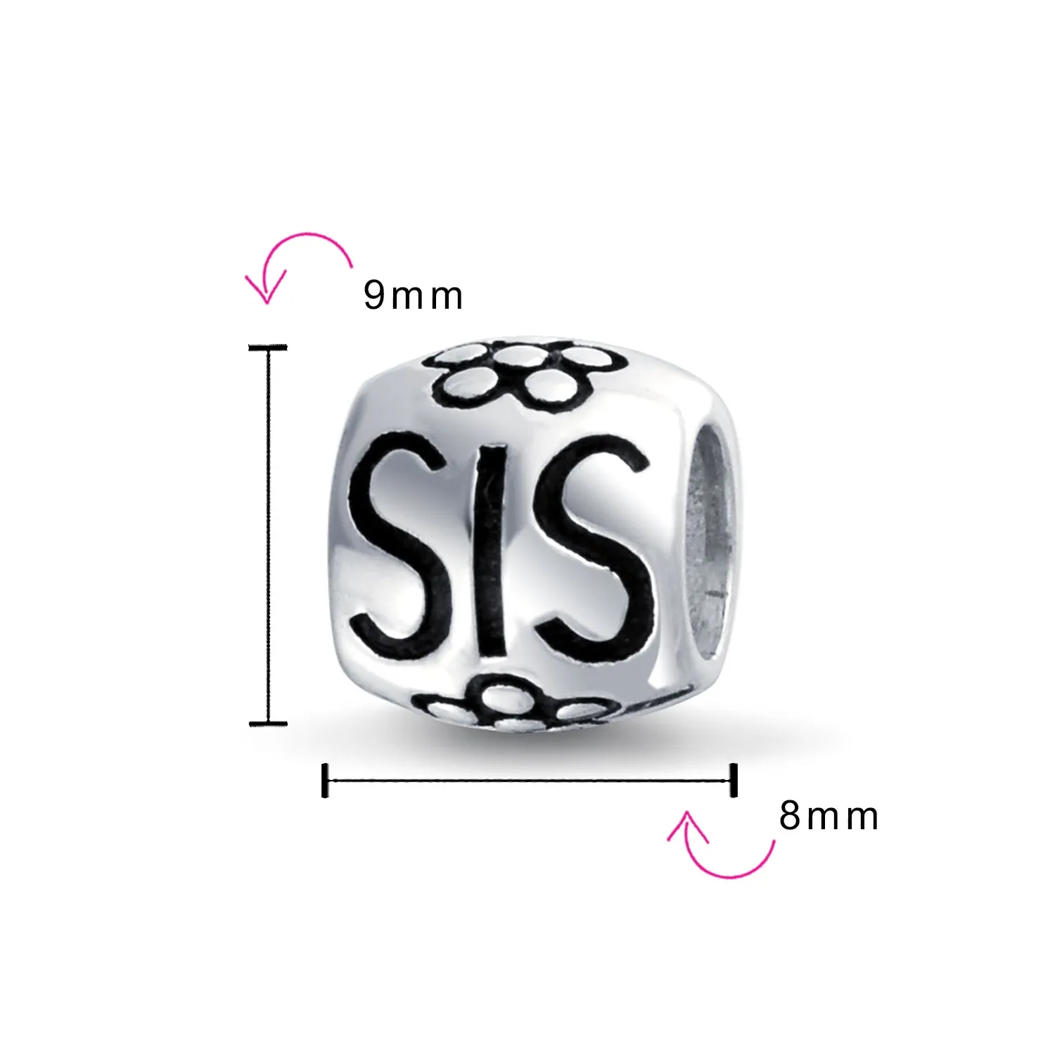 SIS Heart Flower Charm Bead for BFF Sorority Sister Sterling Silver Bracelet