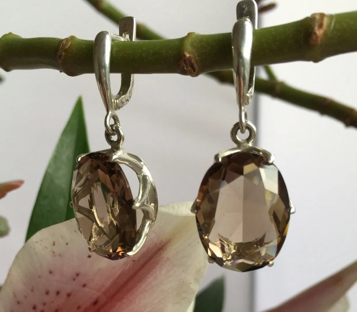 Smoky Topaz Silver Earrings - Dangling Silver Earrings - Statement Smoky Topaz Earrings