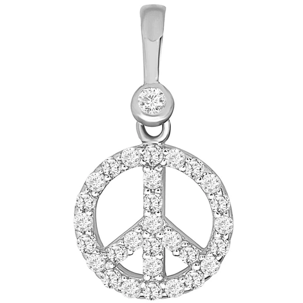 Solid 14k White Gold Mini Peace Symbol Charm Pendant with Cubic Zirconia