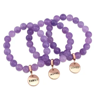 Stone Bracelet - Violet Agate 10mm Beads - with Rose Gold Word Charm