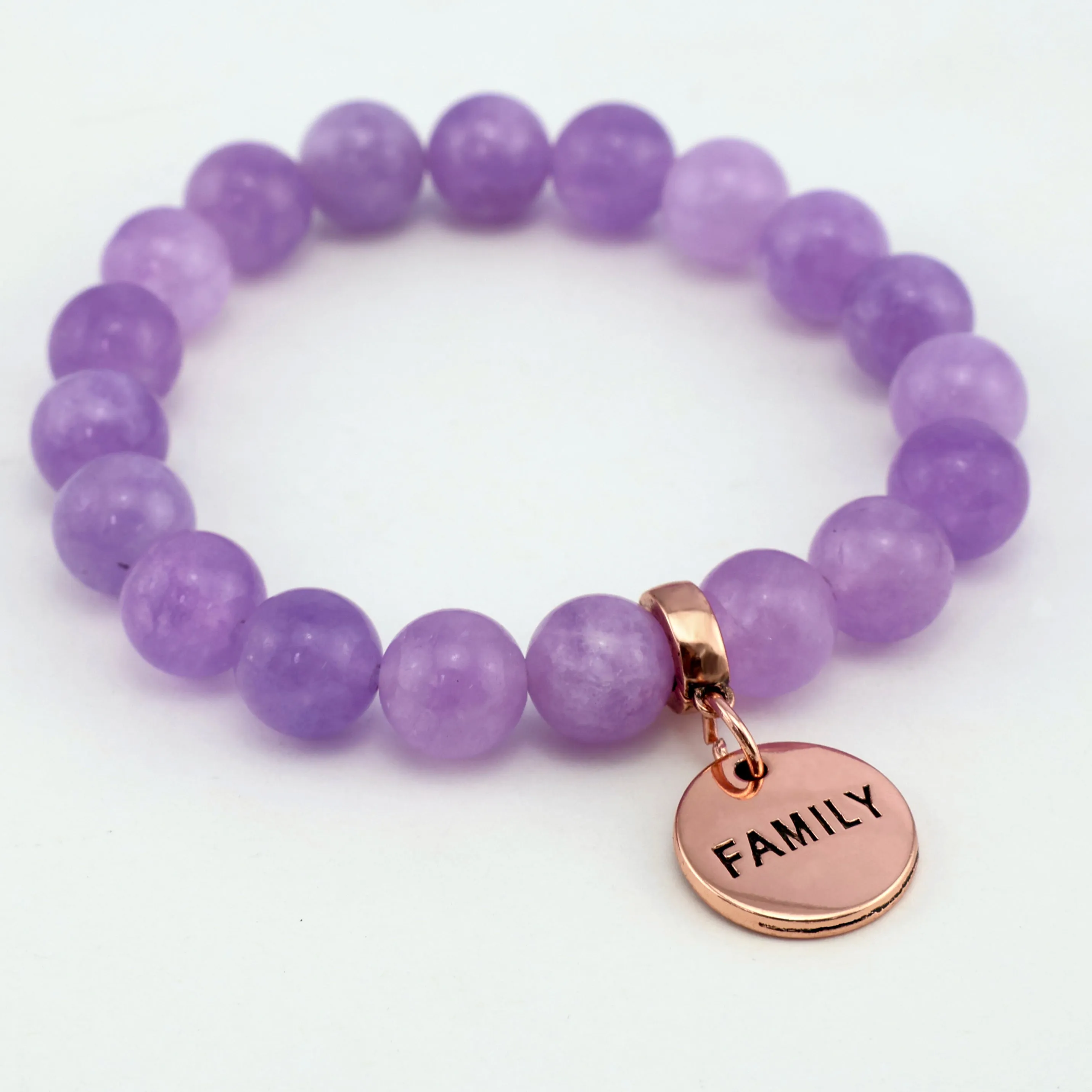 Stone Bracelet - Violet Agate 10mm Beads - with Rose Gold Word Charm