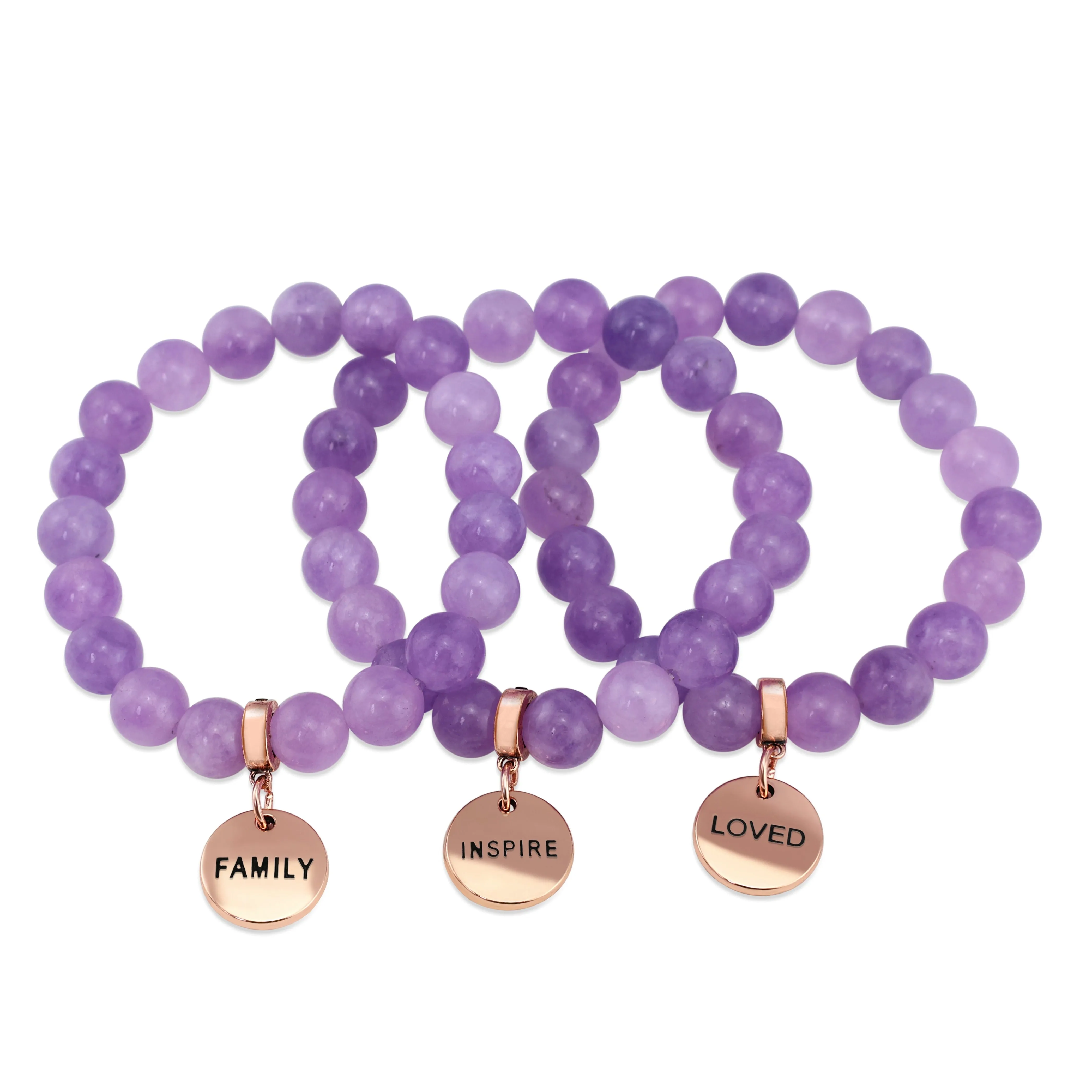 Stone Bracelet - Violet Agate 10mm Beads - with Rose Gold Word Charm