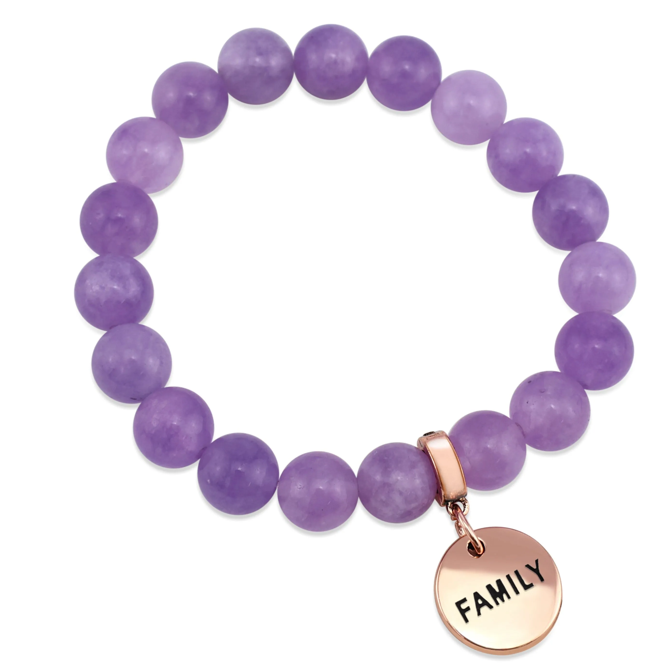 Stone Bracelet - Violet Agate 10mm Beads - with Rose Gold Word Charm