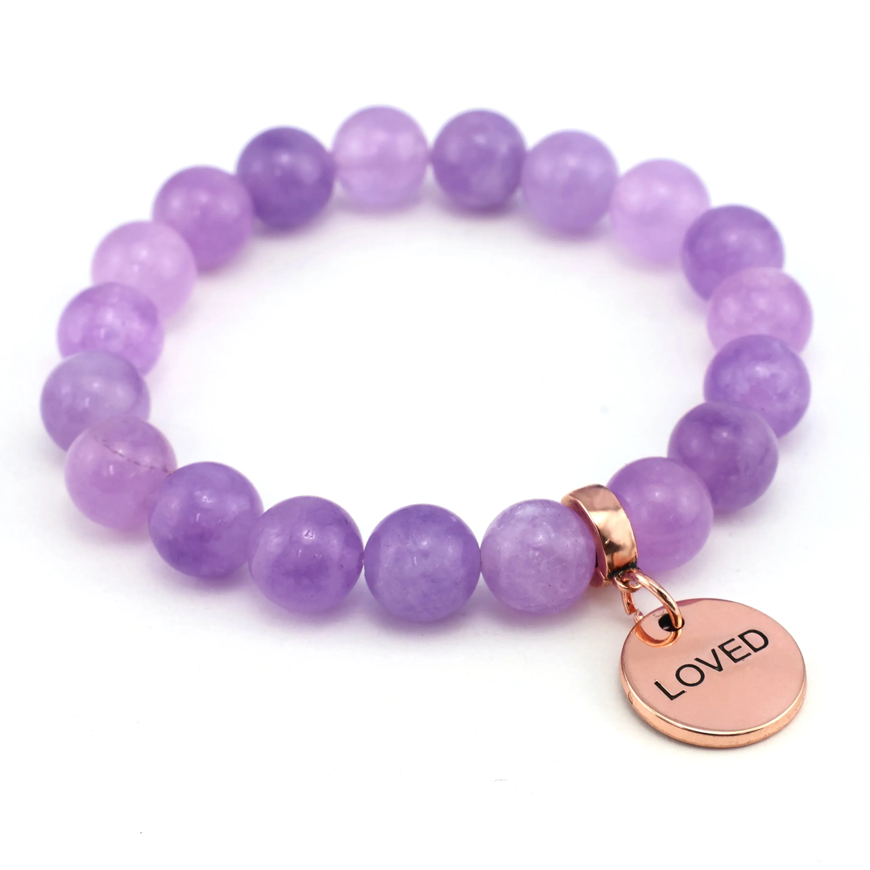 Stone Bracelet - Violet Agate 10mm Beads - with Rose Gold Word Charm