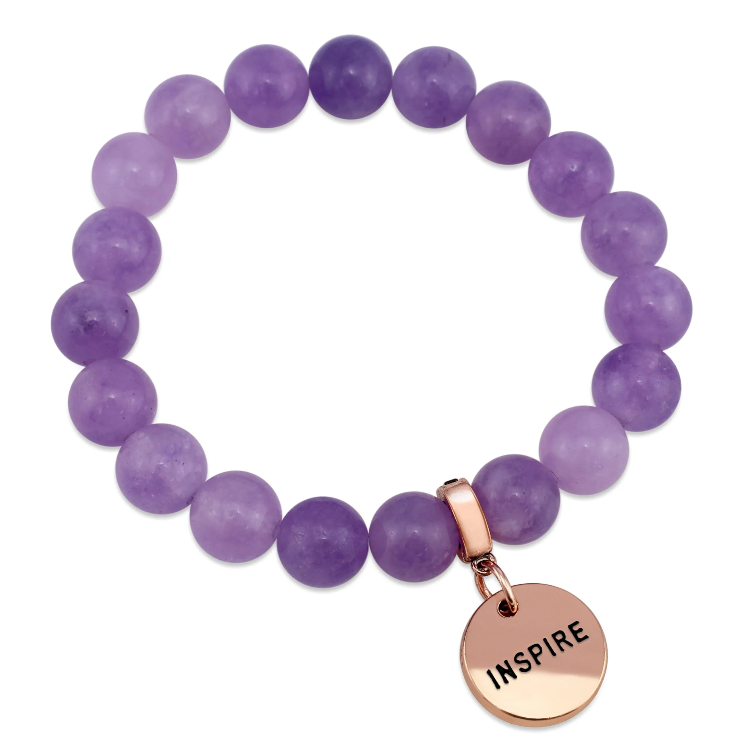 Stone Bracelet - Violet Agate 10mm Beads - with Rose Gold Word Charm